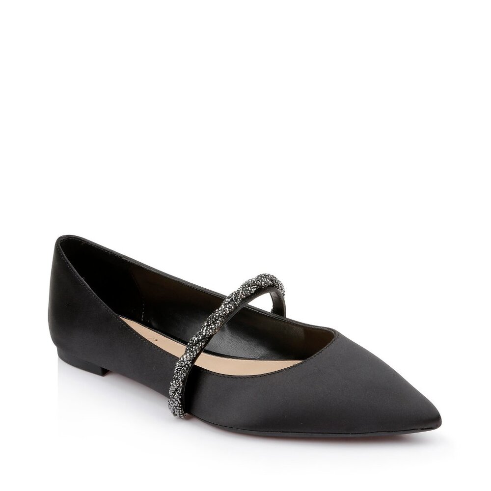 BADGLEY MISCHKA JEWEL Vana Pointed Flats + Crystal Straps in  Black Satin Size 5